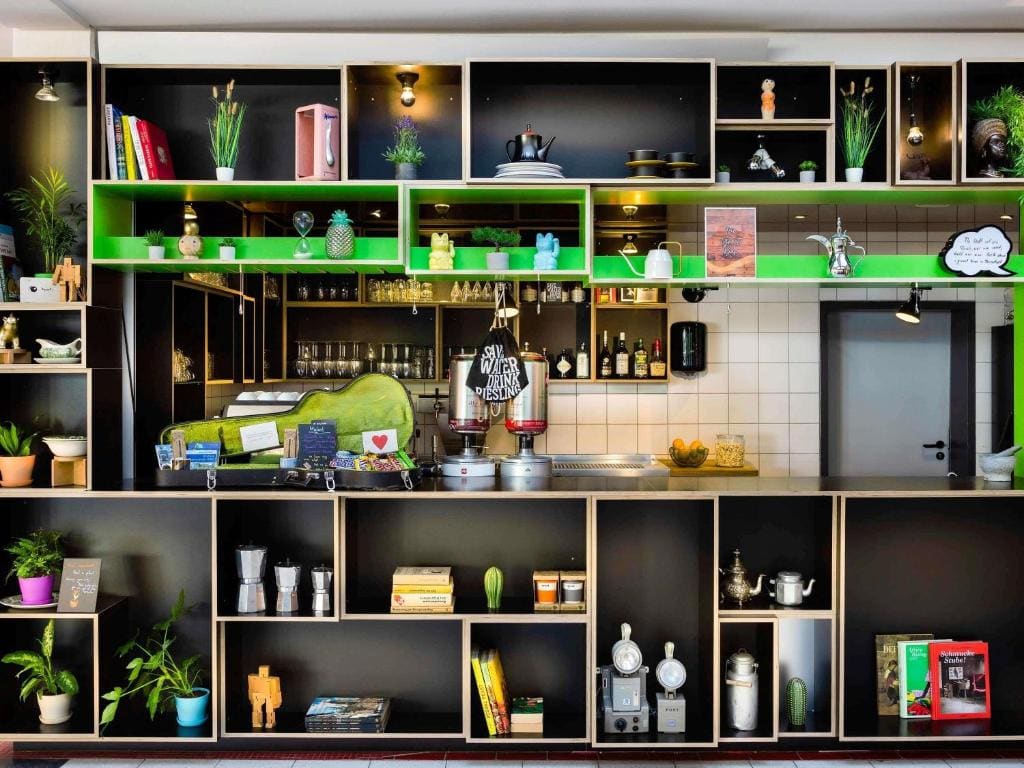 Colorful hotel bar shelves